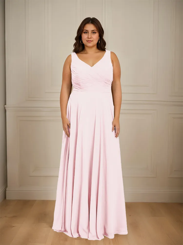 Ruched V Neck Plus Size Floor Length Bridesmaid Dresses