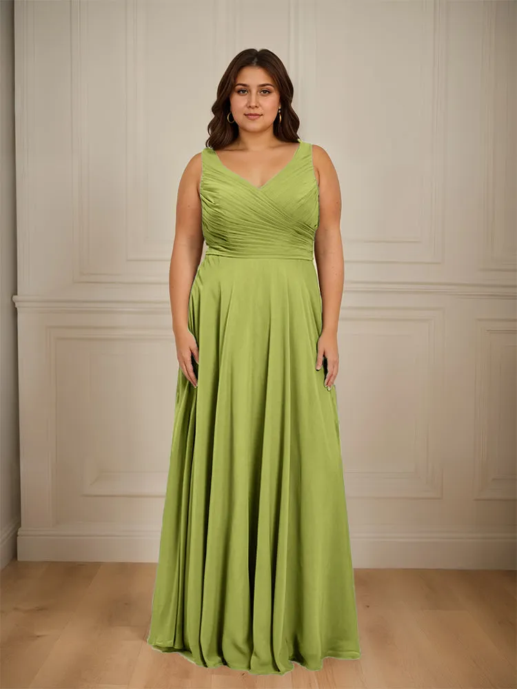 Ruched V Neck Plus Size Floor Length Bridesmaid Dresses