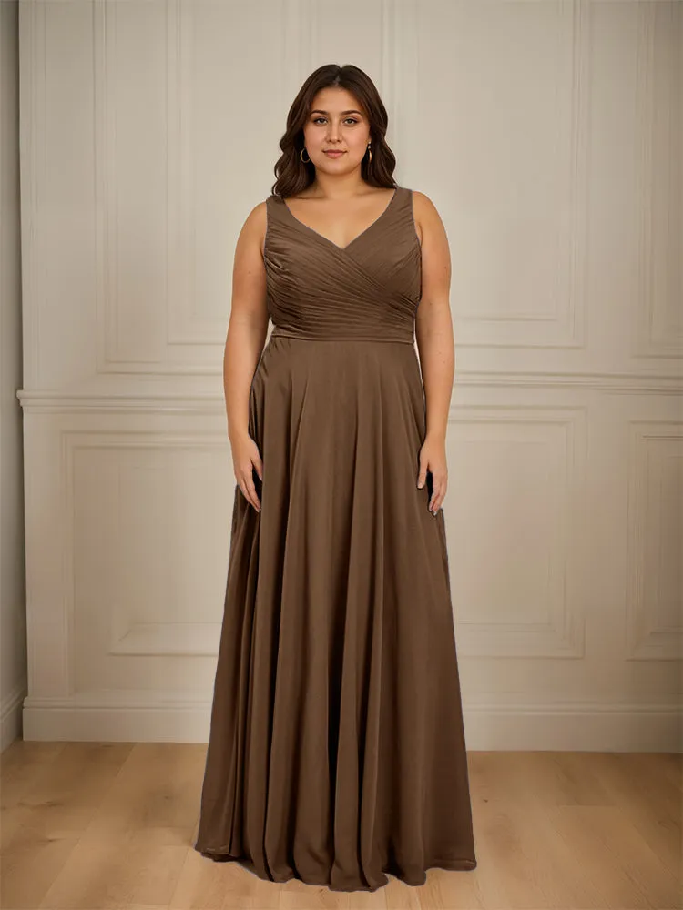 Ruched V Neck Plus Size Floor Length Bridesmaid Dresses