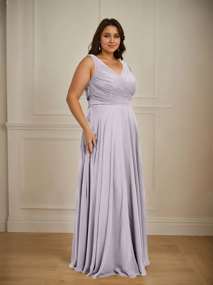Ruched V Neck Plus Size Floor Length Bridesmaid Dresses
