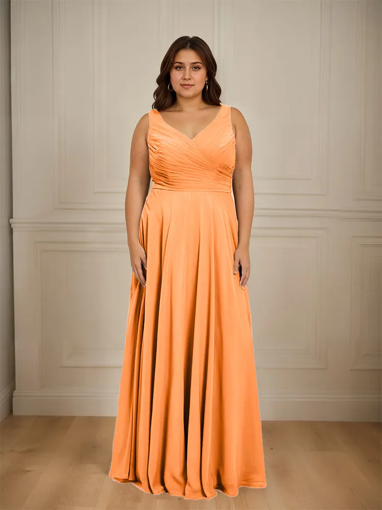 Ruched V Neck Plus Size Floor Length Bridesmaid Dresses