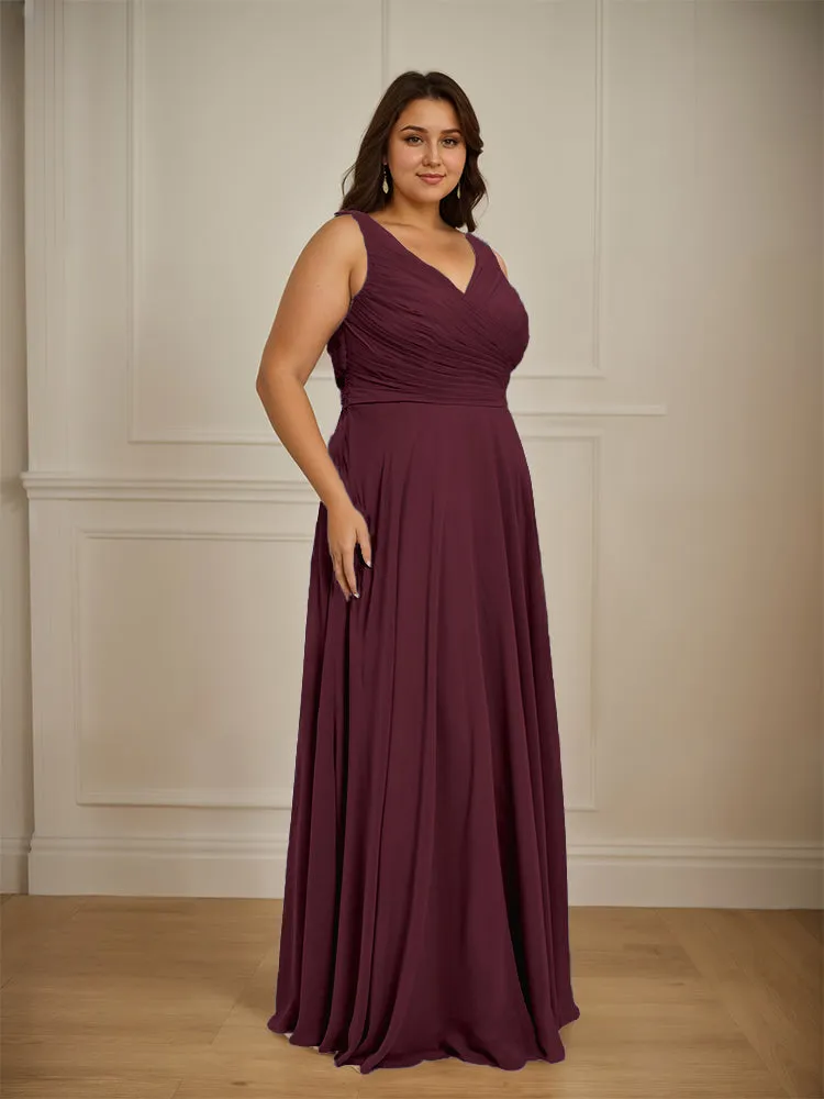 Ruched V Neck Plus Size Floor Length Bridesmaid Dresses