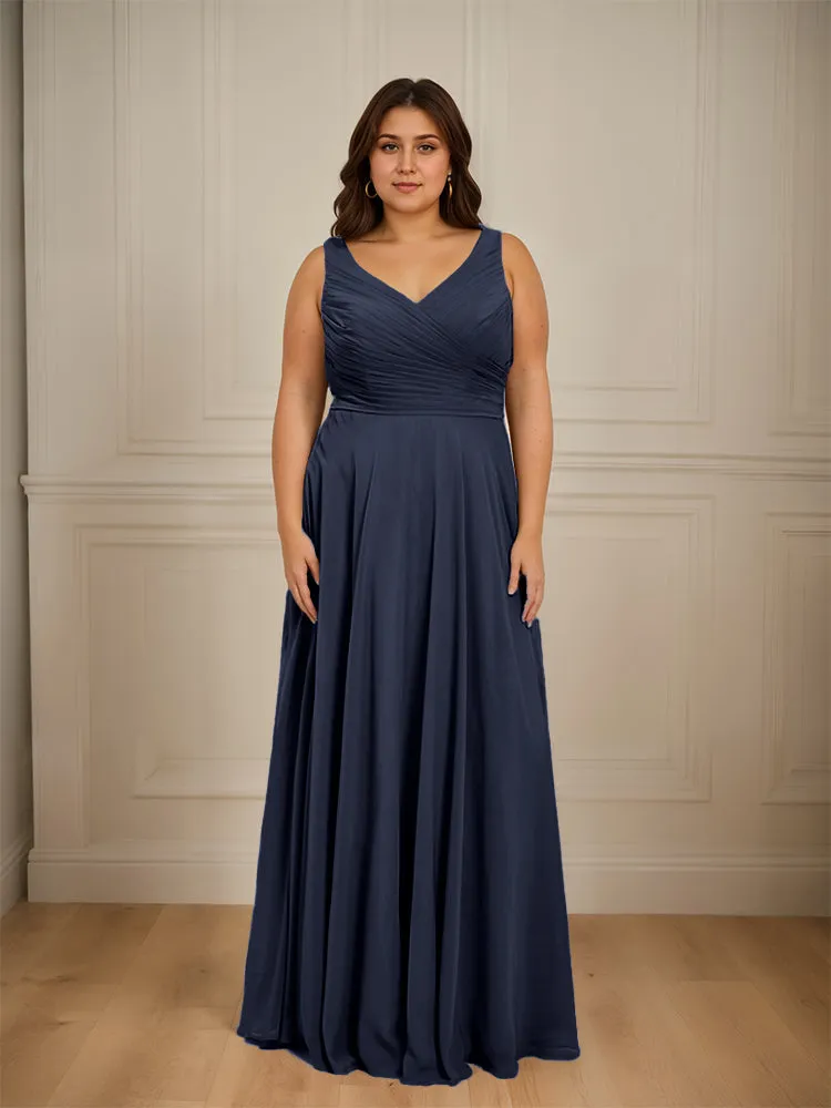 Ruched V Neck Plus Size Floor Length Bridesmaid Dresses