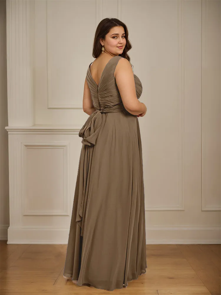 Ruched V Neck Plus Size Floor Length Bridesmaid Dresses
