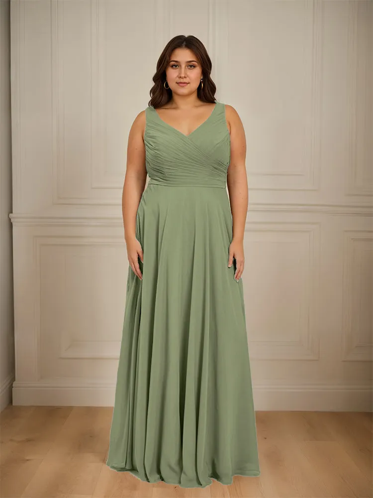 Ruched V Neck Plus Size Floor Length Bridesmaid Dresses
