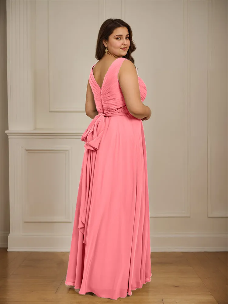 Ruched V Neck Plus Size Floor Length Bridesmaid Dresses