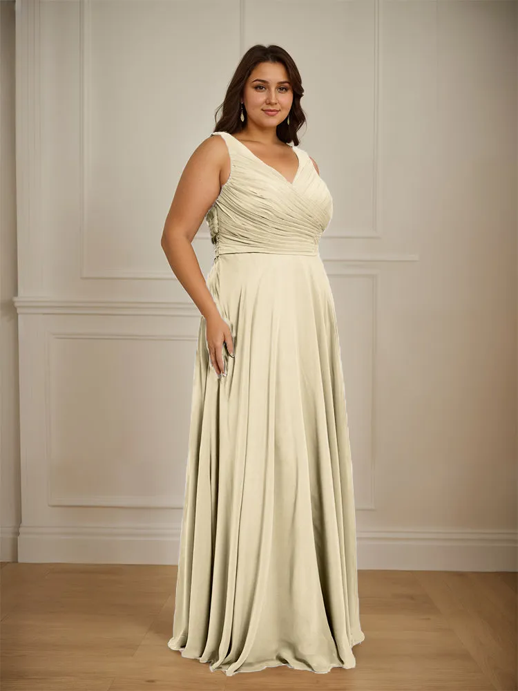 Ruched V Neck Plus Size Floor Length Bridesmaid Dresses