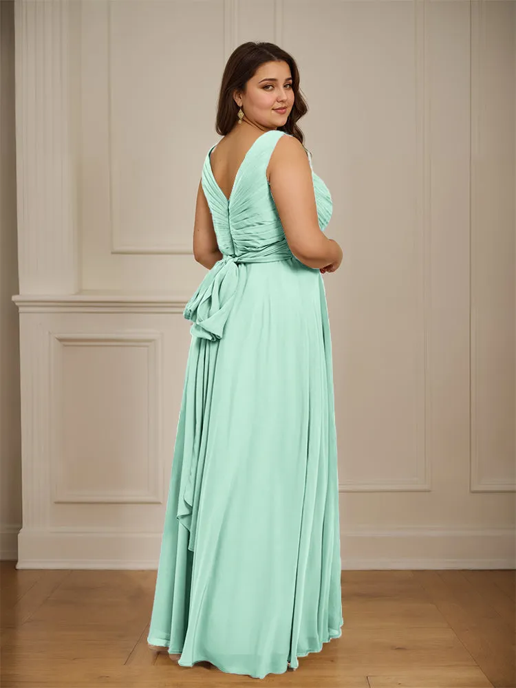 Ruched V Neck Plus Size Floor Length Bridesmaid Dresses