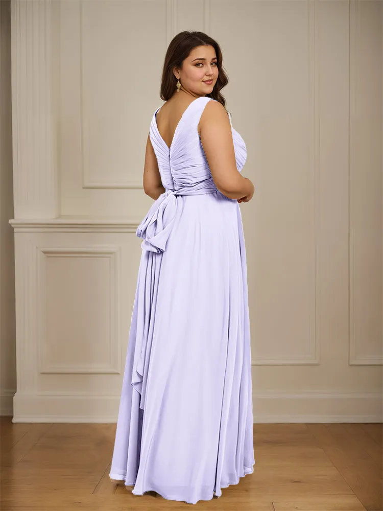 Ruched V Neck Plus Size Floor Length Bridesmaid Dresses