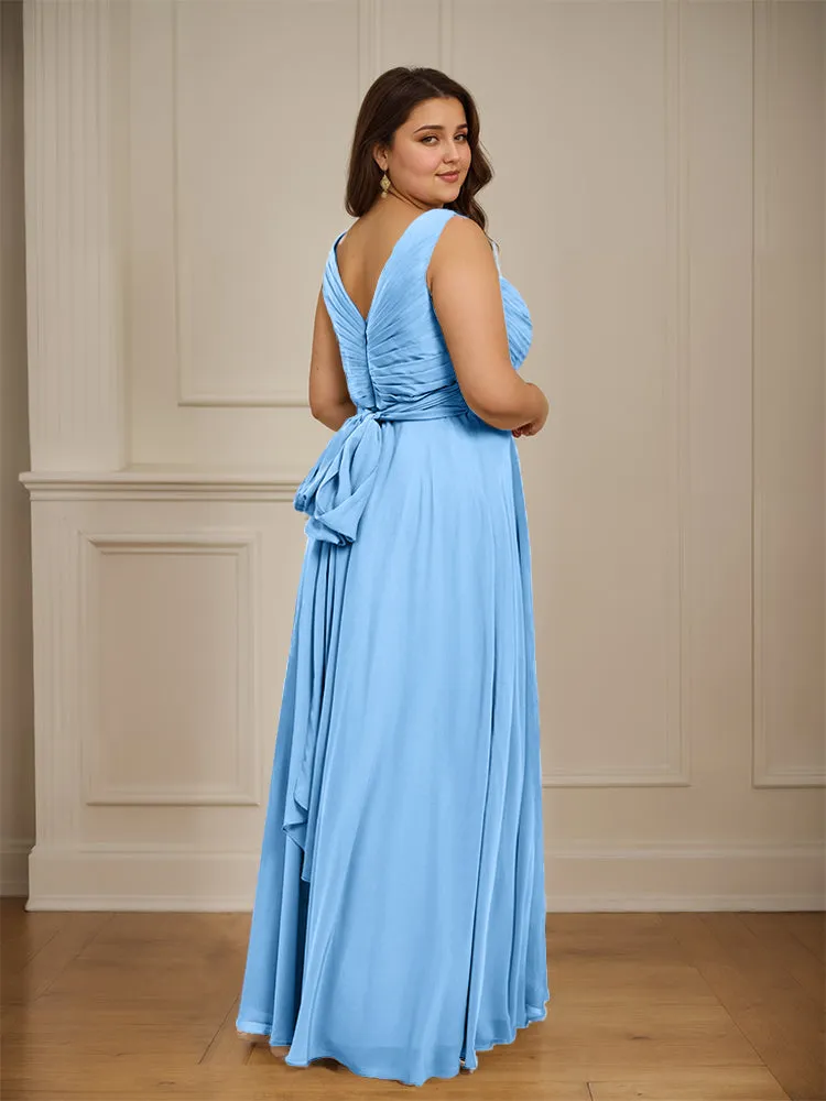 Ruched V Neck Plus Size Floor Length Bridesmaid Dresses