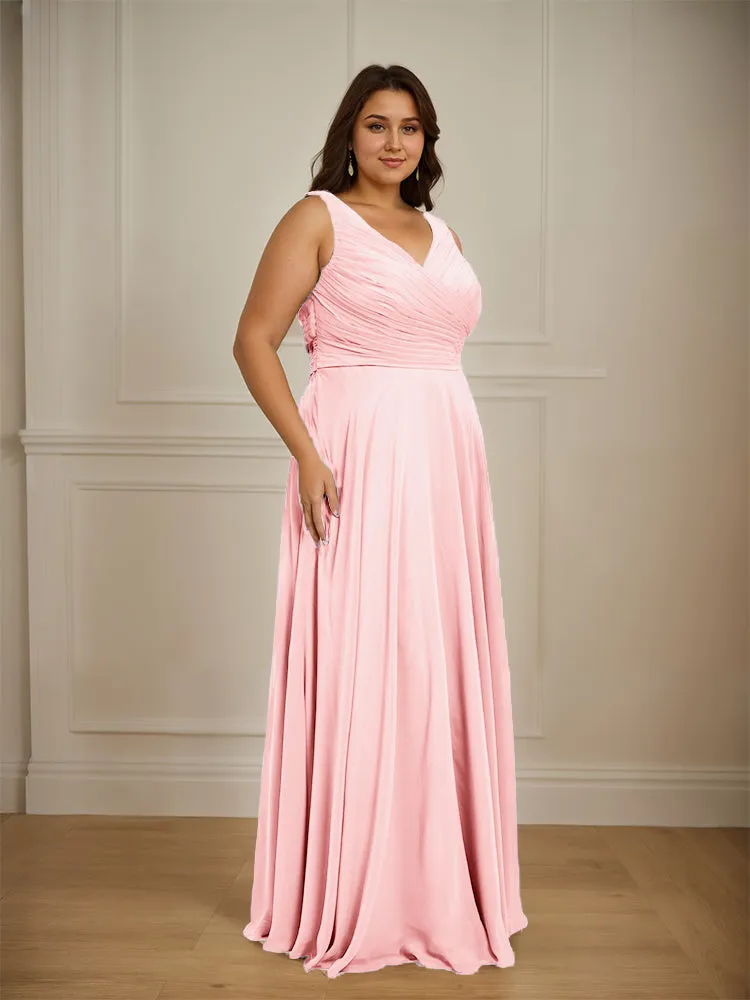 Ruched V Neck Plus Size Floor Length Bridesmaid Dresses