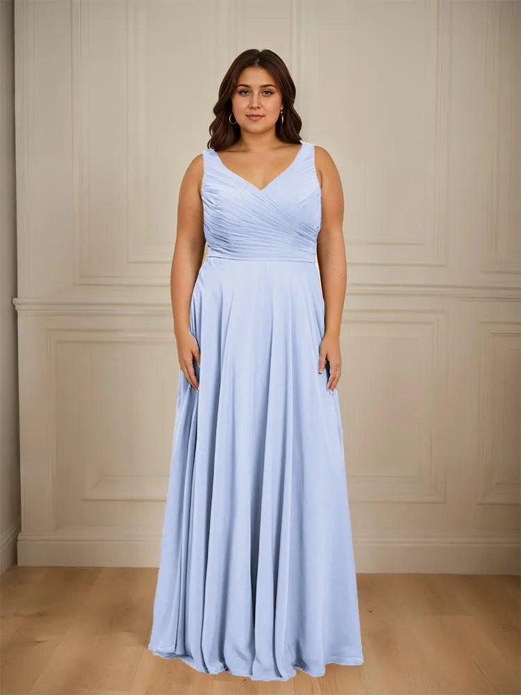 Ruched V Neck Plus Size Floor Length Bridesmaid Dresses