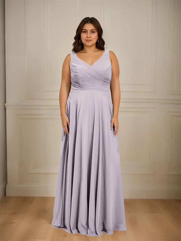 Ruched V Neck Plus Size Floor Length Bridesmaid Dresses