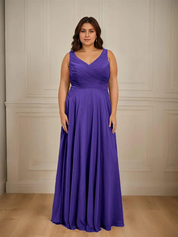 Ruched V Neck Plus Size Floor Length Bridesmaid Dresses