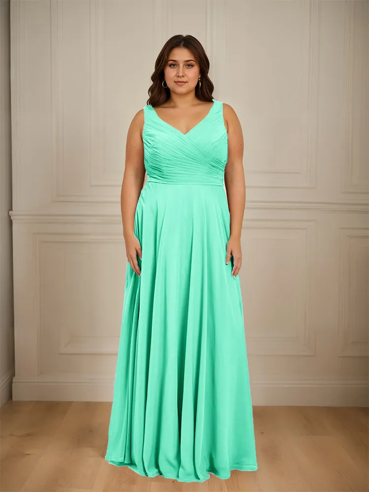 Ruched V Neck Plus Size Floor Length Bridesmaid Dresses