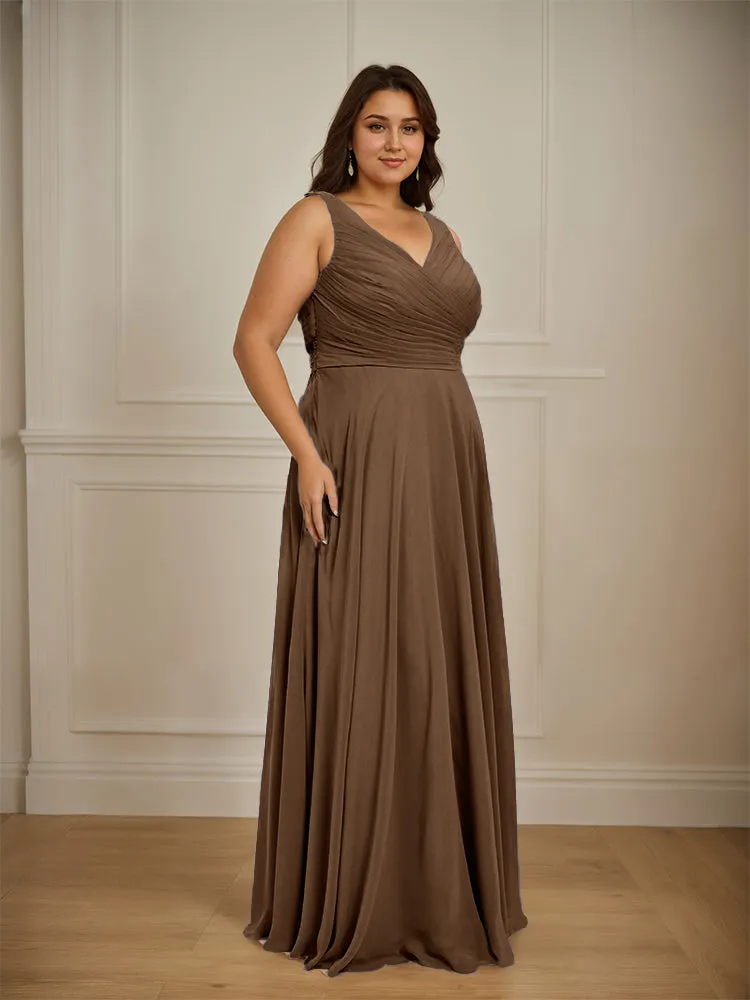 Ruched V Neck Plus Size Floor Length Bridesmaid Dresses