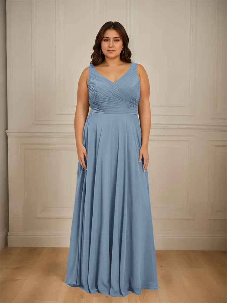 Ruched V Neck Plus Size Floor Length Bridesmaid Dresses