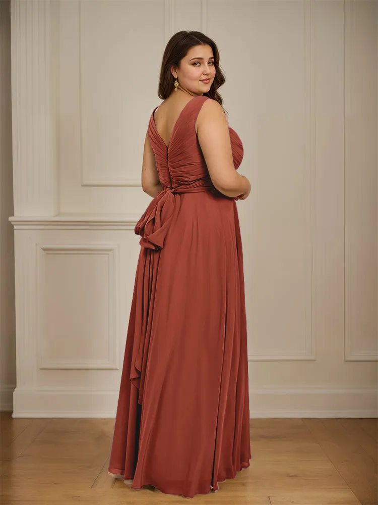 Ruched V Neck Plus Size Floor Length Bridesmaid Dresses