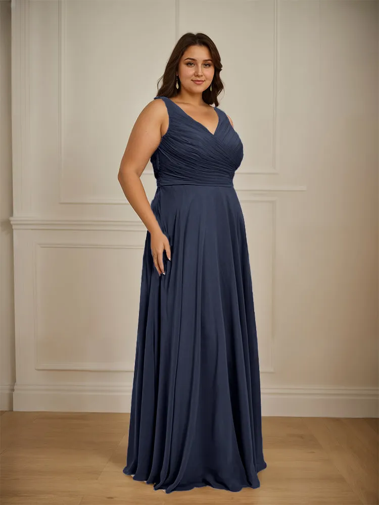 Ruched V Neck Plus Size Floor Length Bridesmaid Dresses