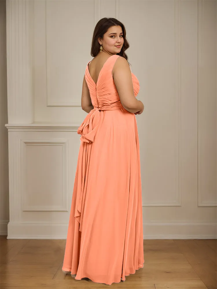 Ruched V Neck Plus Size Floor Length Bridesmaid Dresses