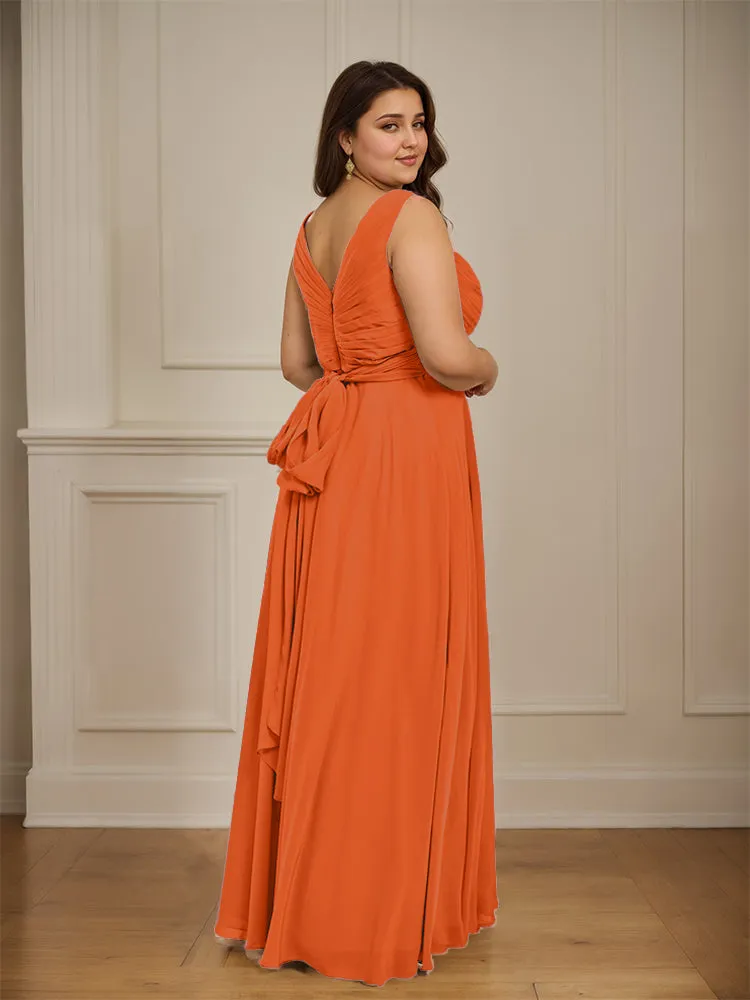 Ruched V Neck Plus Size Floor Length Bridesmaid Dresses