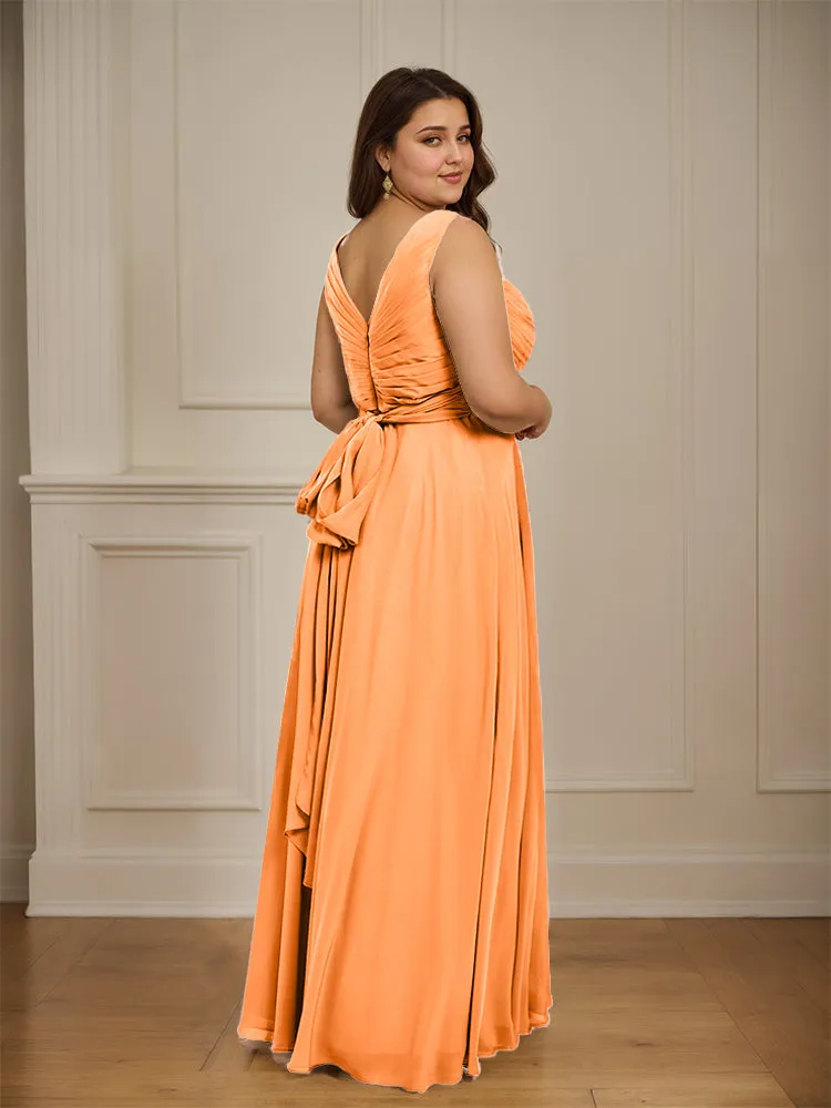 Ruched V Neck Plus Size Floor Length Bridesmaid Dresses