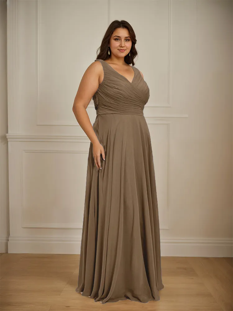 Ruched V Neck Plus Size Floor Length Bridesmaid Dresses