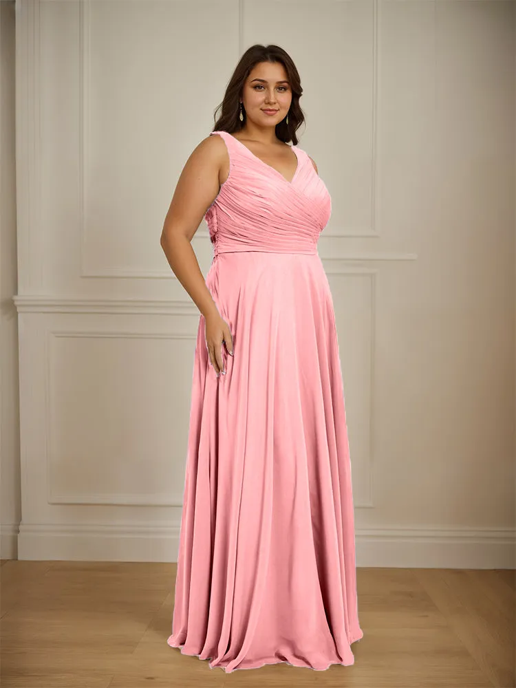 Ruched V Neck Plus Size Floor Length Bridesmaid Dresses