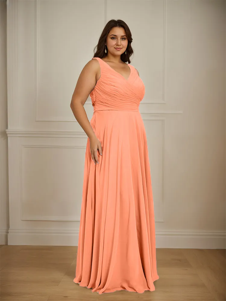 Ruched V Neck Plus Size Floor Length Bridesmaid Dresses