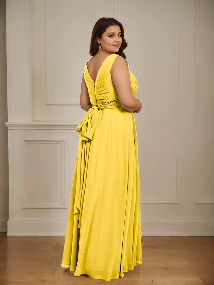 Ruched V Neck Plus Size Floor Length Bridesmaid Dresses