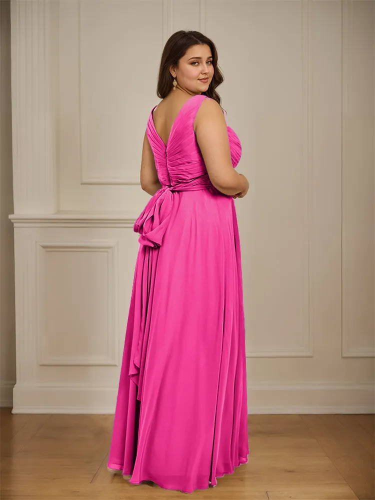 Ruched V Neck Plus Size Floor Length Bridesmaid Dresses
