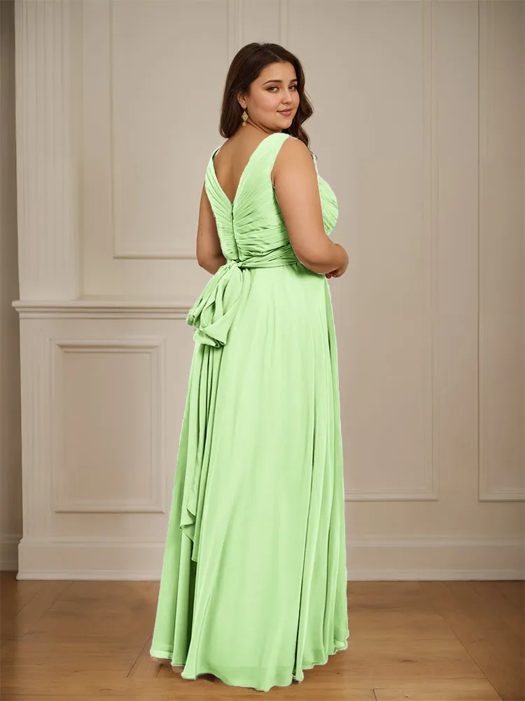 Ruched V Neck Plus Size Floor Length Bridesmaid Dresses