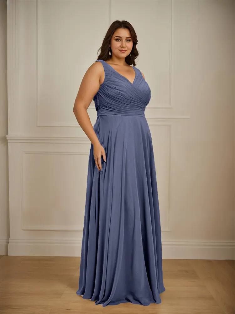Ruched V Neck Plus Size Floor Length Bridesmaid Dresses