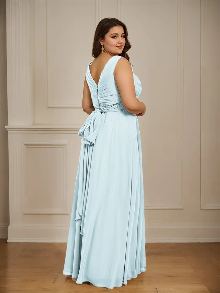 Ruched V Neck Plus Size Floor Length Bridesmaid Dresses