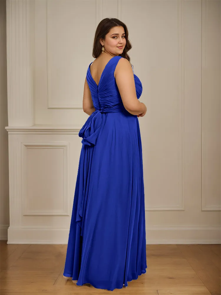 Ruched V Neck Plus Size Floor Length Bridesmaid Dresses