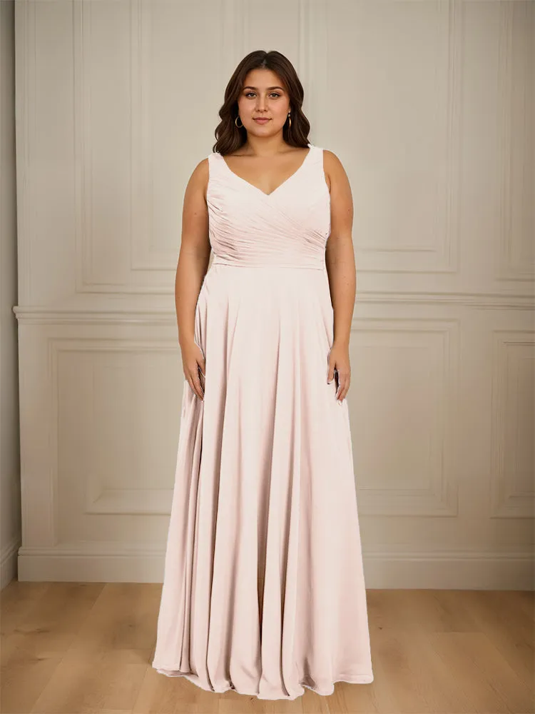 Ruched V Neck Plus Size Floor Length Bridesmaid Dresses