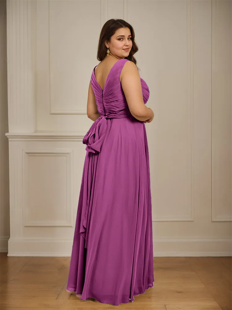 Ruched V Neck Plus Size Floor Length Bridesmaid Dresses