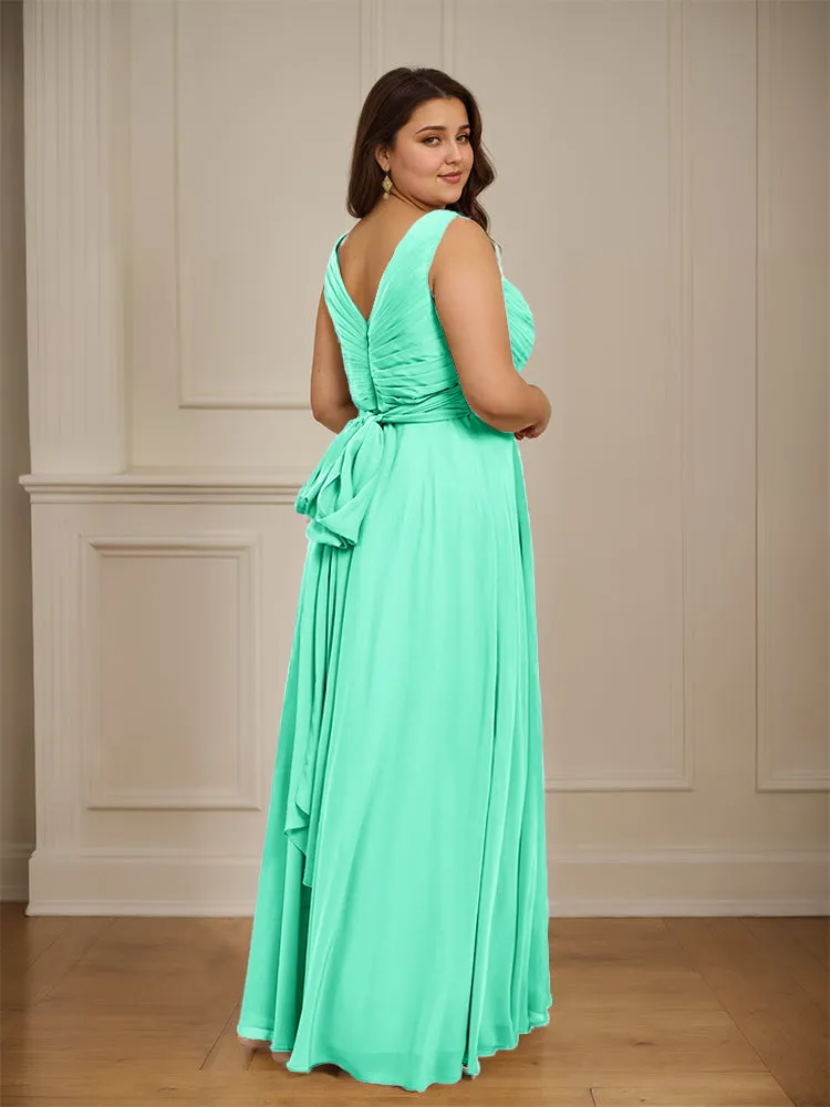 Ruched V Neck Plus Size Floor Length Bridesmaid Dresses