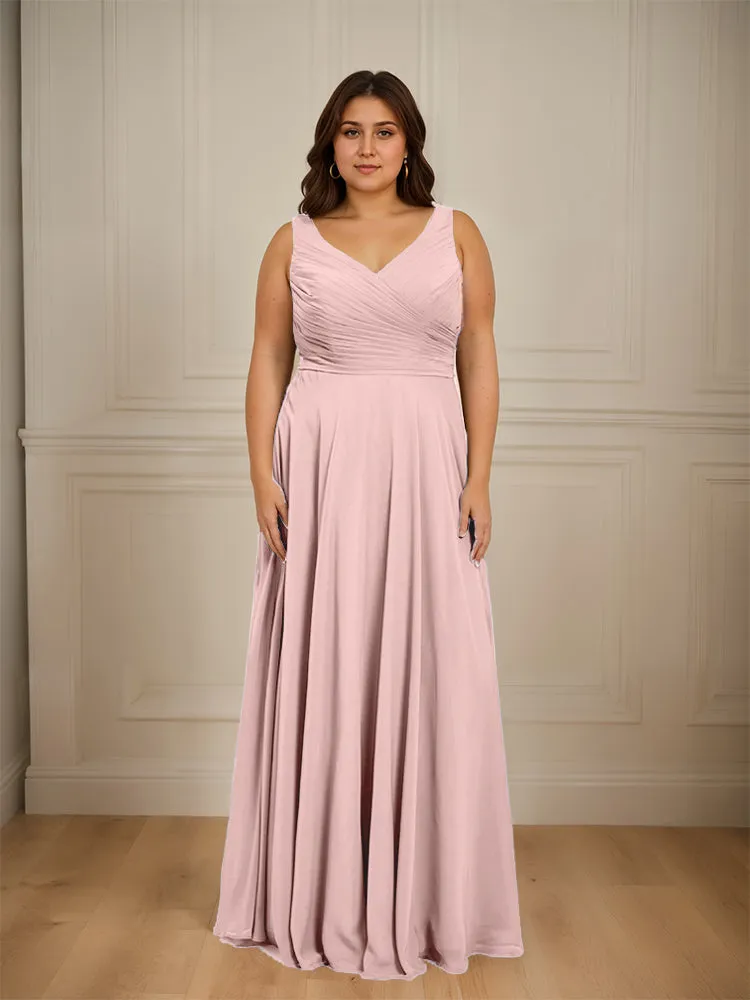 Ruched V Neck Plus Size Floor Length Bridesmaid Dresses