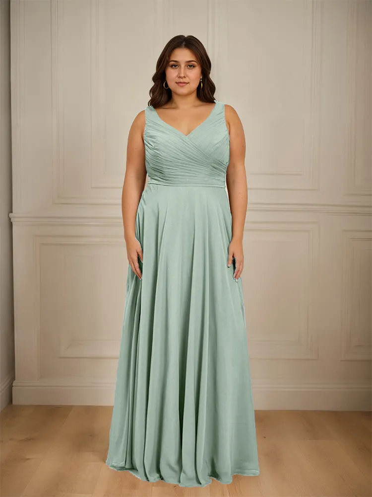 Ruched V Neck Plus Size Floor Length Bridesmaid Dresses