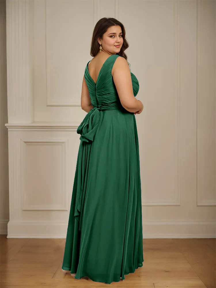 Ruched V Neck Plus Size Floor Length Bridesmaid Dresses