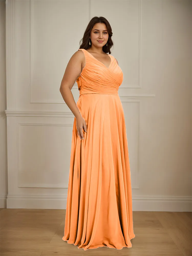 Ruched V Neck Plus Size Floor Length Bridesmaid Dresses