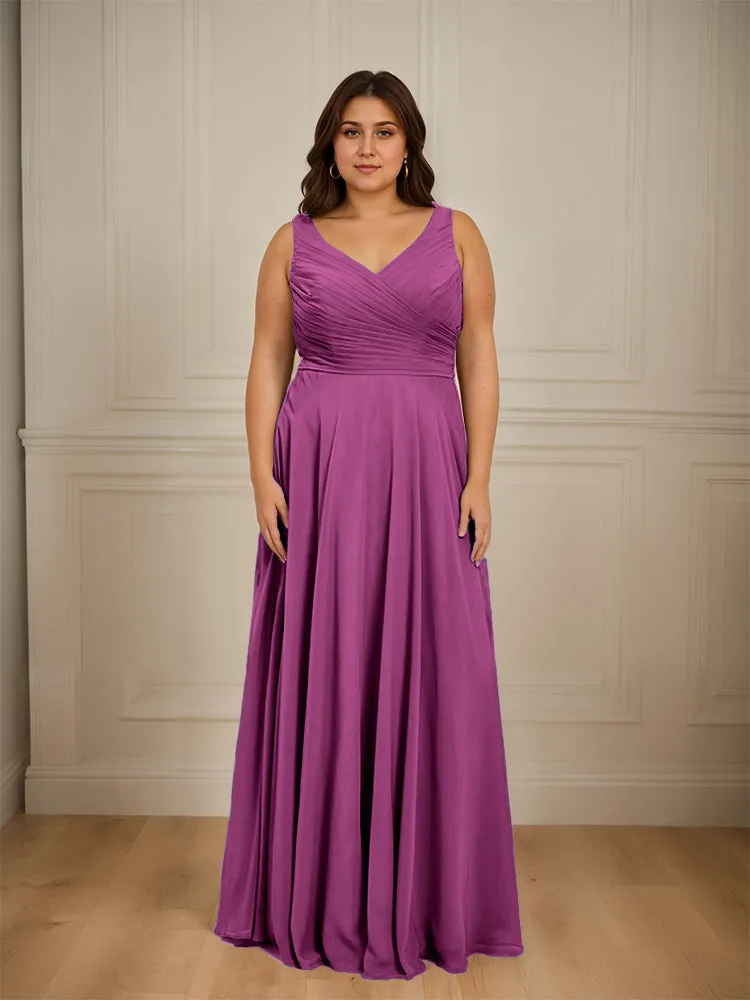 Ruched V Neck Plus Size Floor Length Bridesmaid Dresses
