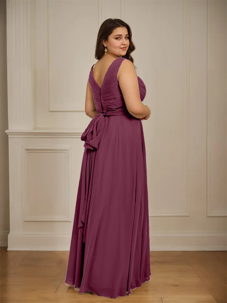 Ruched V Neck Plus Size Floor Length Bridesmaid Dresses