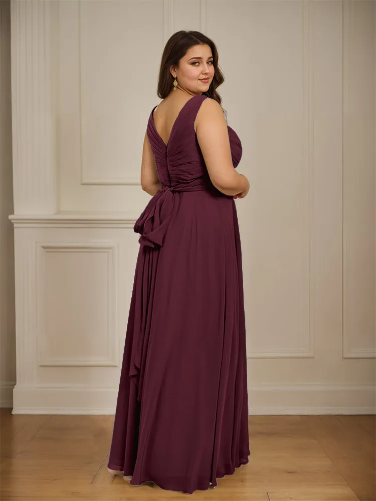 Ruched V Neck Plus Size Floor Length Bridesmaid Dresses