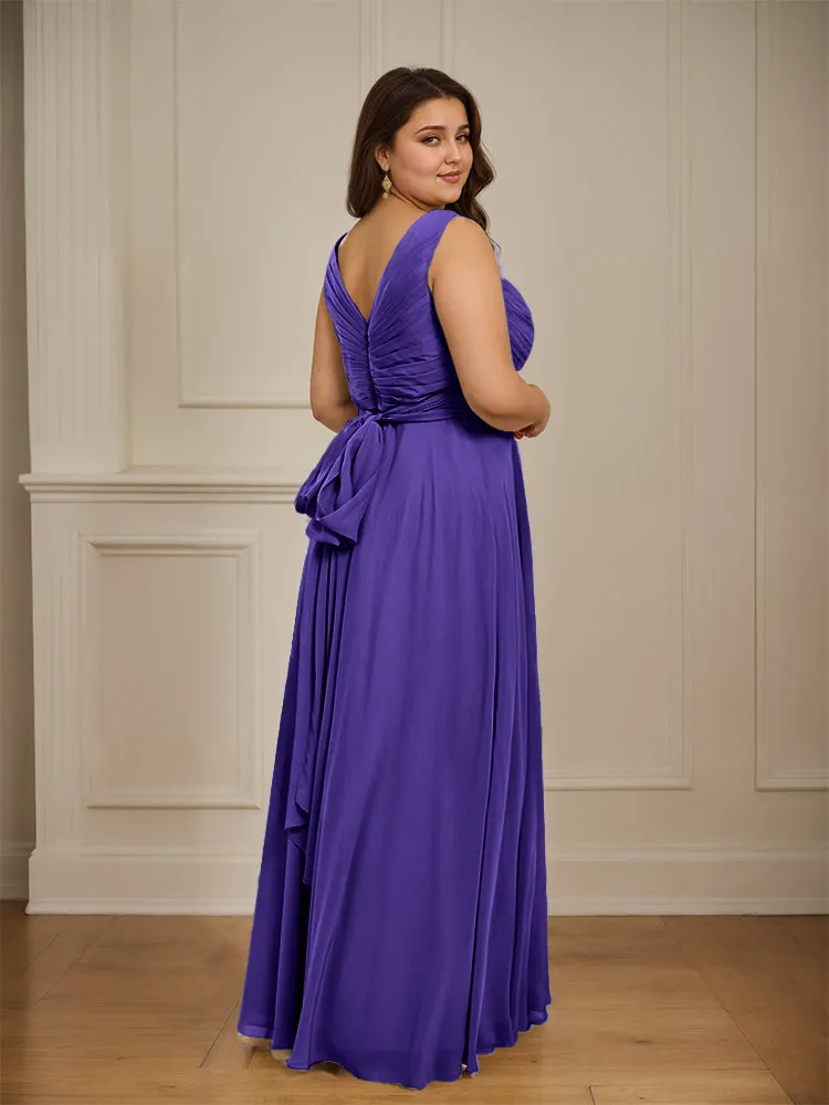 Ruched V Neck Plus Size Floor Length Bridesmaid Dresses