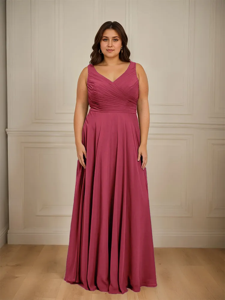 Ruched V Neck Plus Size Floor Length Bridesmaid Dresses