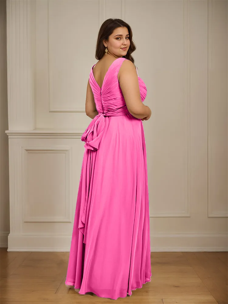 Ruched V Neck Plus Size Floor Length Bridesmaid Dresses