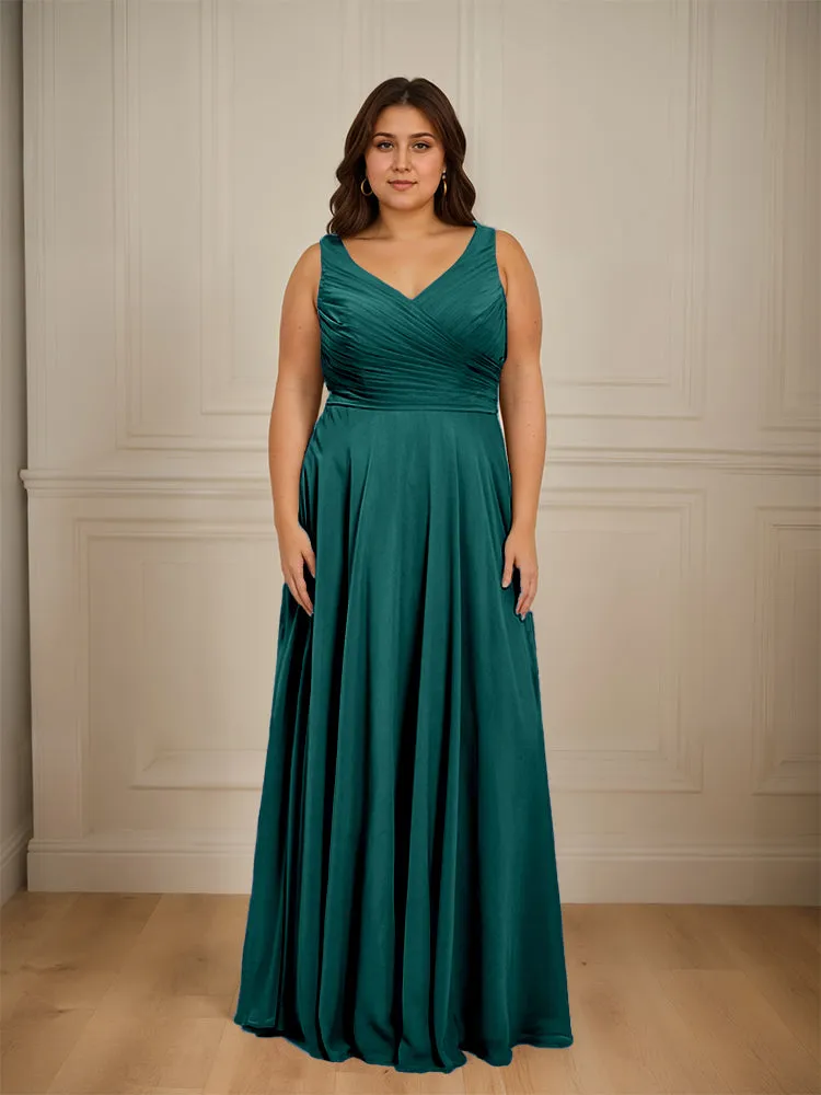 Ruched V Neck Plus Size Floor Length Bridesmaid Dresses