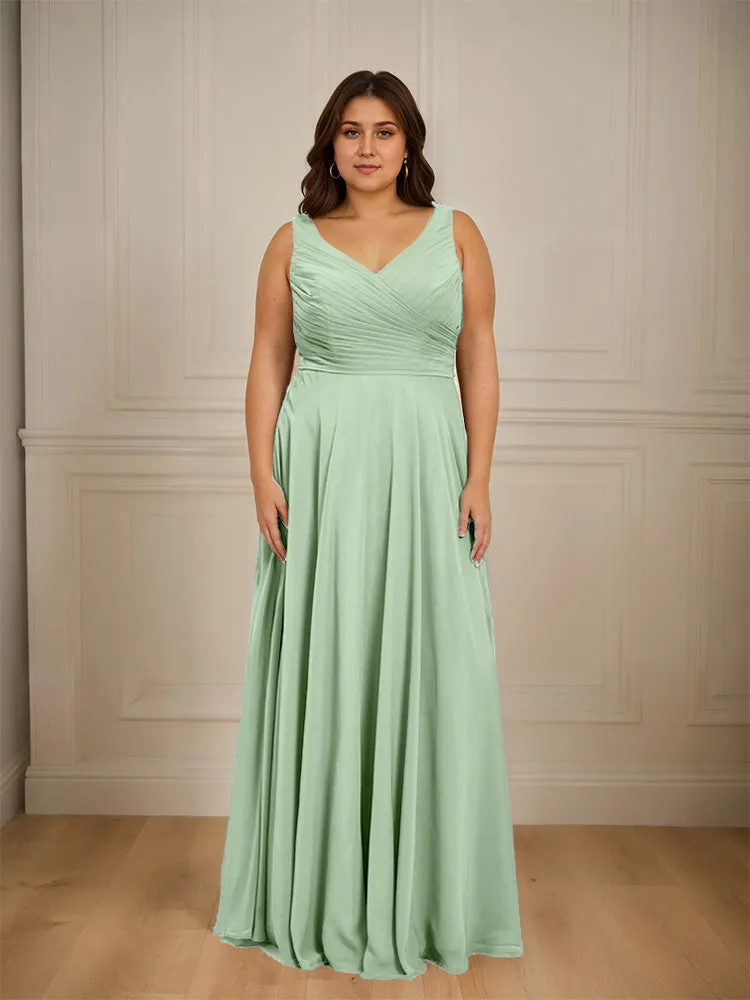 Ruched V Neck Plus Size Floor Length Bridesmaid Dresses